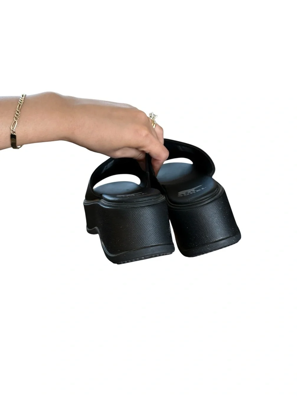 SOREL Dayspring Wedge Platform Vegan Faux Leather Open Slides Black Sandals